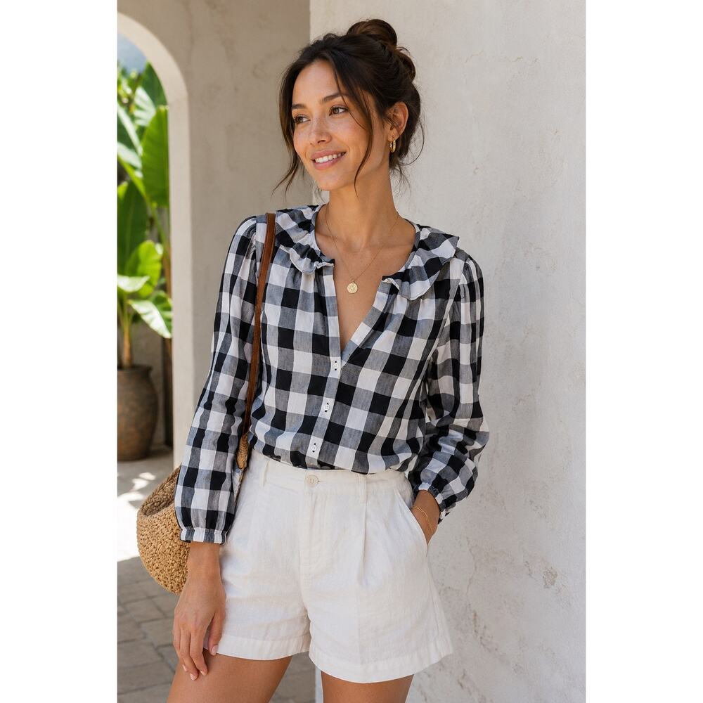 J.Crew Black White Gingham Ruffle V-Neck Button Front Cotton Blouse XS